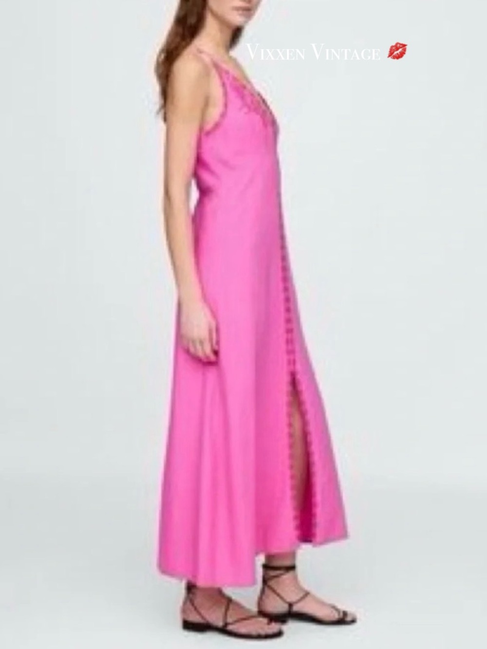 GAP LINEN BLEND 'SLIT HALTER EMBROIDERED MAXI DRESS' IN PHOEBE PINK - Picture 2 of 9